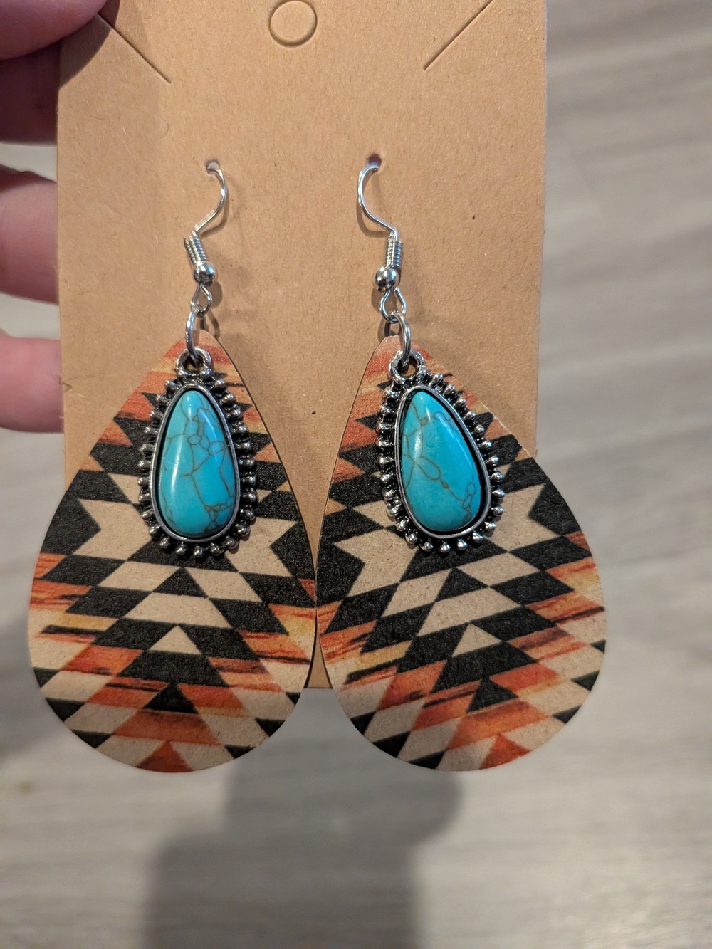 Turquoise Stone Aztec Teardrop Earrings - Black, Brown & White